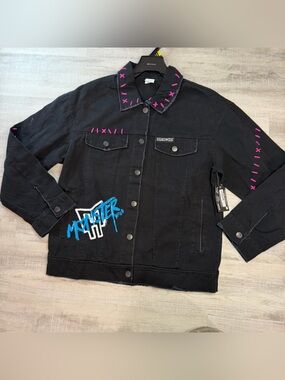 Monster High NWT Women's Black Demin Jean Jacket Size Med Graffiti Distressed